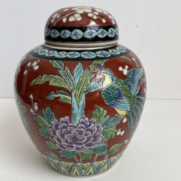 Vintage Rare Ginger Jar w/Lid Bird Floral Handpainted Ceramic Made in Japan 6”